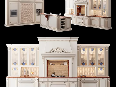 White Carved Kitchen Cabinets With Glass Doors And Wooden Countertops Decorative Top 3d model