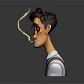 Cartoon Male Character With Glasses Red Eye Brown Hair White Shirt Blue Tie Brown Suspenders Gray Background Reflection