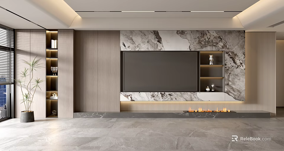 Modern TV Wall Design With Marble Texture Wooden Shelves And Built In TV 3d model 