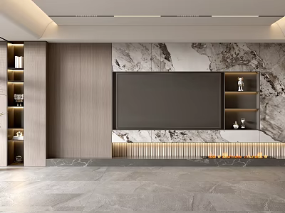 Modern TV Wall Design With Marble Texture Wooden Shelves And Built In TV 3d model