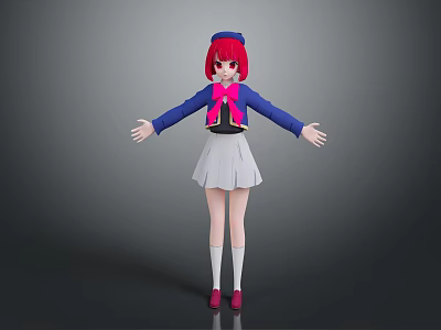 Red Haired Character With Blue Coat Gray Skirt White Socks And Red Shoes 3d model