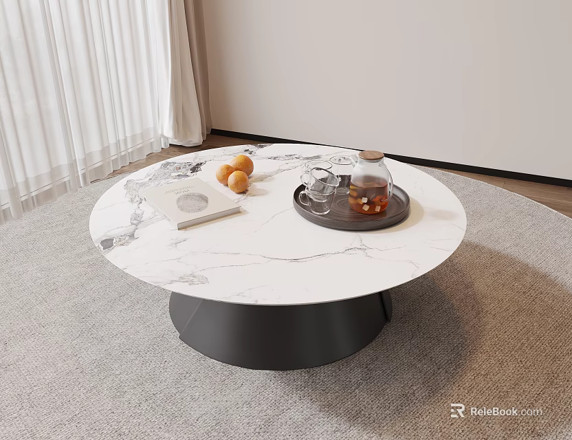Modern Round Coffee Table With White Marble Top Black Base Oranges Tray And Book 3d model 