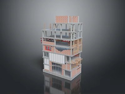 Detailed Multi Storey Building Model With Exposed Brick Wood Metal Frames And Different Floor Designs 3d model