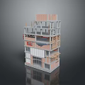 Detailed Multi Storey Building Model With Exposed Brick Wood Metal Frames And Different Floor Designs