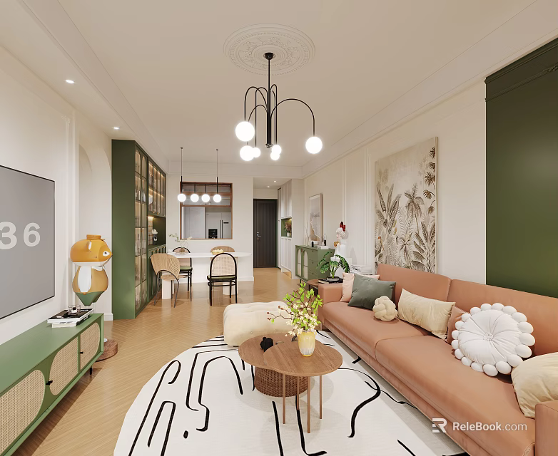Modern Living And Dining Room Interior With Orange Sofa Dining Table Chandelier And Area Rug 3d model 