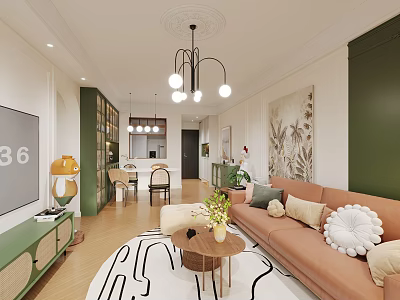 Modern Living And Dining Room Interior With Orange Sofa Dining Table Chandelier And Area Rug 3d model