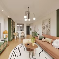 Modern Living And Dining Room Interior With Orange Sofa Dining Table Chandelier And Area Rug