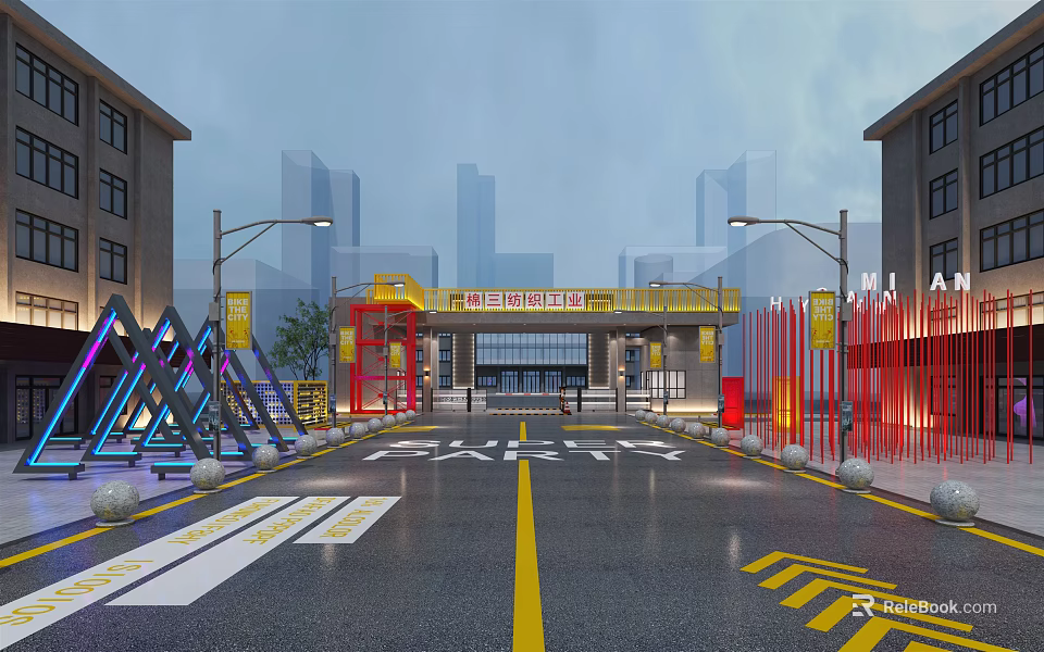 Modern Campus Main Gate With Teaching Buildings Road Markings And Streetlights 3d model 