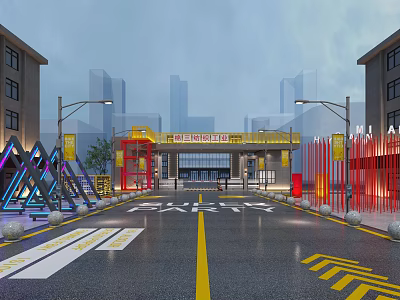 Modern Campus Main Gate With Teaching Buildings Road Markings And Streetlights 3d model