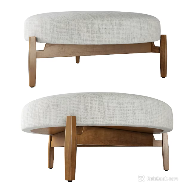 Round Ottoman With Light Gray Upholstered Seat And Brown Wooden Legs 3d model 