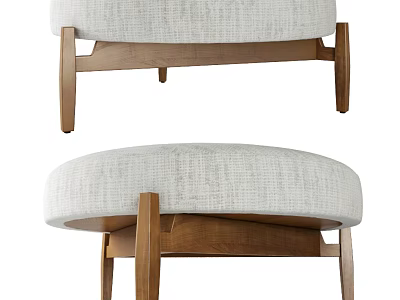 Round Ottoman With Light Gray Upholstered Seat And Brown Wooden Legs 3d model