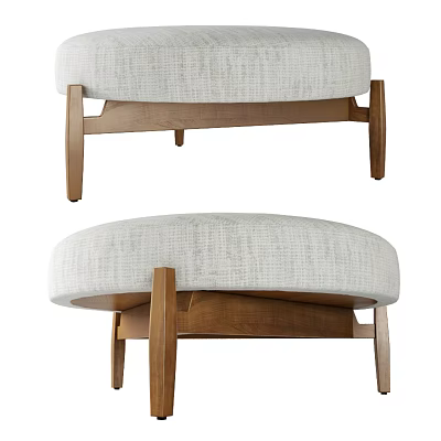 Round Ottoman With Light Gray Upholstered Seat And Brown Wooden Legs 3d model