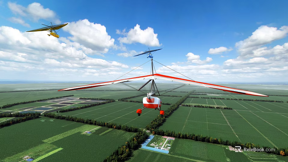Gyrocopter And Small Airplane Flying Over Green Farmland Under Blue Sky With White Clouds 3d model 