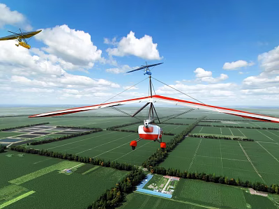 Gyrocopter And Small Airplane Flying Over Green Farmland Under Blue Sky With White Clouds 3d model