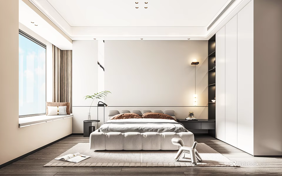 Elegant Modern Bedroom Interior Design with Bed Nightstand Window Curtains Wardrobe Rug and Decorative Plant 3d model 