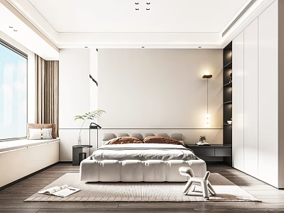 Elegant Modern Bedroom Interior Design with Bed Nightstand Window Curtains Wardrobe Rug and Decorative Plant 3d model