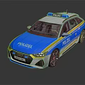 Blue And White Police Car With Emergency Lights And Markings