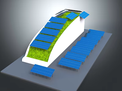 Solar Panels On White Curved Building With Green Roof For Household Appliances 3d model