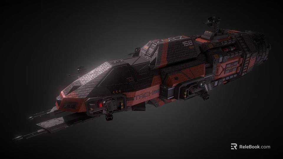 Sci Fi Spaceship Game Movie Character With Black Red Color Detailed Structure And Weaponry 3d model 