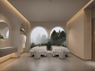 Modern SPA Sauna Room With Two Massage Beds Arched Windows Misty Trees And White Bathrobes 3d model