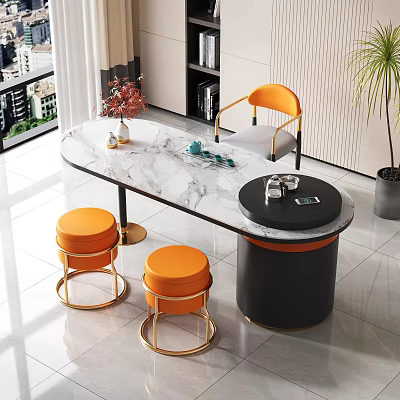 Modern Tea Table and Chairs with Marble Tabletop Orange Seats Gold Frames and Potted Plant 3d model