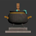 Stylish Dark Cauldron With Orange Handles Blue Liquid And Wooden Spoon On Stone Base
