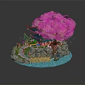 Cartoon Scene with Pink Cherry Blossom Tree Traditional Pavilion Rocky Base and Blue Water Pathway