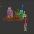 Laboratory Shelf with Bottles Colored Liquids and Funnel on Orange Wooden Stand
