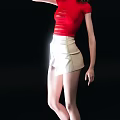 Woman in Red Ripped Top and White Skirt with Gold Ring Belt on Black Background