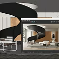 Modern Living Room Interior With Black Spiral Staircase Copper Accent Wall And Beige Sofa