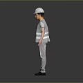 Construction Worker In Safety Helmet Reflective Vest And Gray Clothing Standing On Gray Background