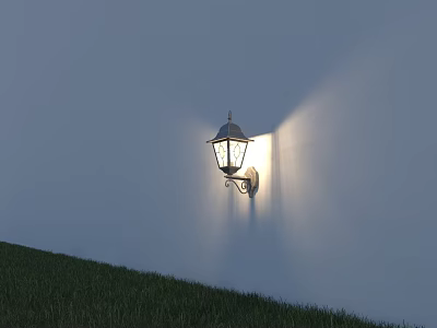 Illuminated Outdoor Wall Lantern Casting Warm Light Beam Over Green Grass Area 3d model