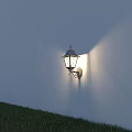 Illuminated Outdoor Wall Lantern Casting Warm Light Beam Over Green Grass Area