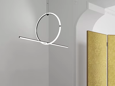 Modern Pendant Light with Circular and Linear Design in Gray Wall Room with Golden Screen 3d model
