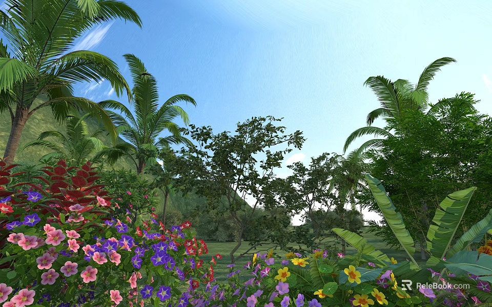 Tall Trees in Lush Garden with Colorful Flowers and Palm Trees Under Blue Sky 3d model 