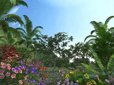 Tall Trees in Lush Garden with Colorful Flowers and Palm Trees Under Blue Sky 3d model