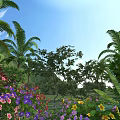 Tall Trees in Lush Garden with Colorful Flowers and Palm Trees Under Blue Sky