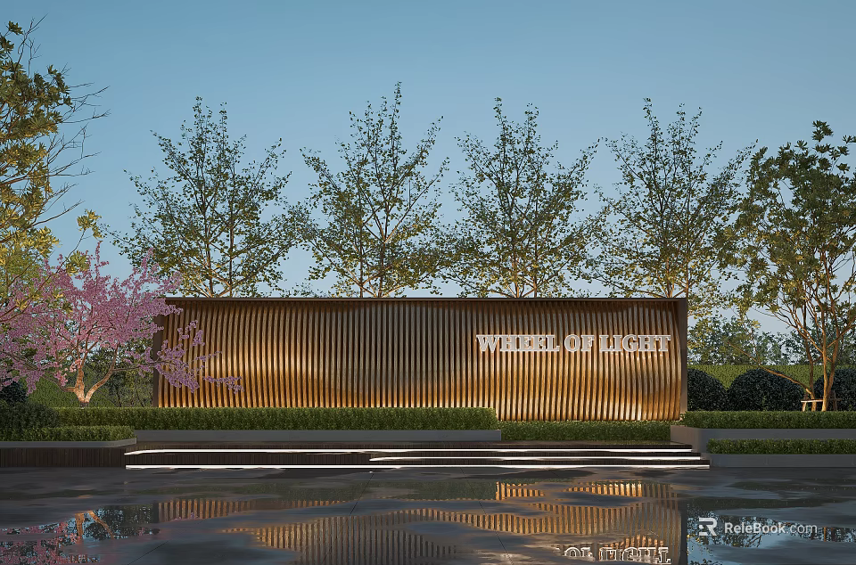 Modern Feature Wall Landscape Design With Trees Lighting And Water Reflection 3d model 