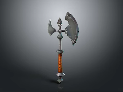 Medieval Battle Axe Featuring Double Metal Blades Spike And Wooden Handle With Orange Stripes 3d model