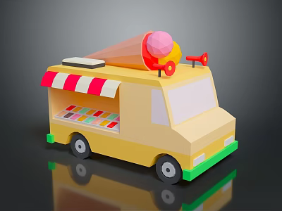 Yellow Ice Cream Truck With Red And White Striped Awning And Large Cone On Top 3d model