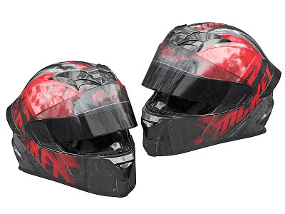 Two Red Black Motorcycle Helmets With Graphic Patterns For Racing Riders 3d model