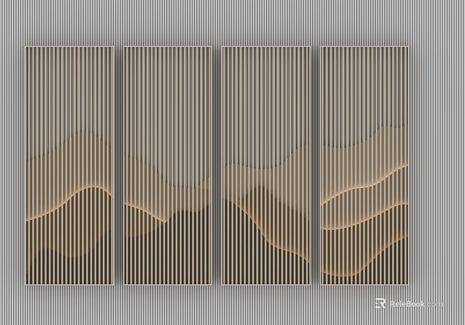 Four Hinged Doors with Vertical Stripes and Wavy Line Decorations against Gray Striped Wall Background 3d model 