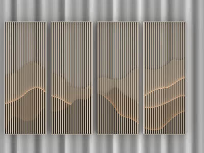 Four Hinged Doors with Vertical Stripes and Wavy Line Decorations against Gray Striped Wall Background 3d model