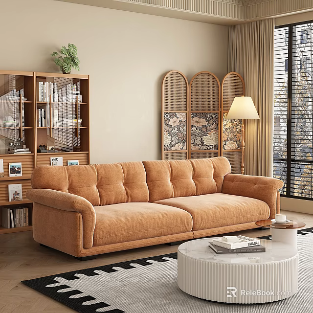 Orange Velour Sectional Sofa with Woven Rattan Screen Wooden Bookshelf and Round Coffee Table 3d model 