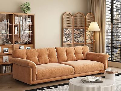 Orange Velour Sectional Sofa with Woven Rattan Screen Wooden Bookshelf and Round Coffee Table 3d model