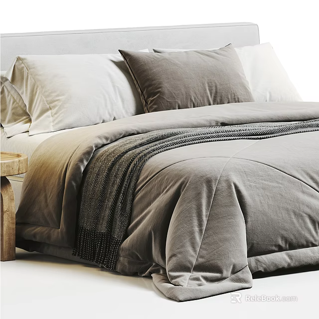 Cozy Double Bed Setup With Gray Comforter Gray Pillow White Pillows And Wooden Side Table 3d model 