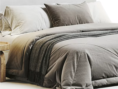 Cozy Double Bed Setup With Gray Comforter Gray Pillow White Pillows And Wooden Side Table 3d model