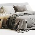 Cozy Double Bed Setup With Gray Comforter Gray Pillow White Pillows And Wooden Side Table