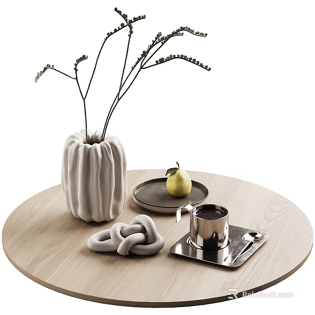 Minimalist Decorative Ornament Set with Ceramic Vase Twigs Pear Gray Knot and Metal Cup on Wooden Table 3d model 