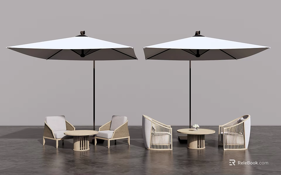 Modern Rattan Outdoor Sofa Set With Two White Umbrellas And Small Round Tables 3d model 